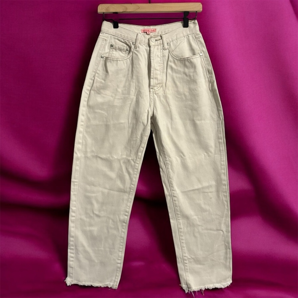 Verge Girl Cream High-Waisted Barrel Jeans Button Fly Sz 26 Raw Hem
